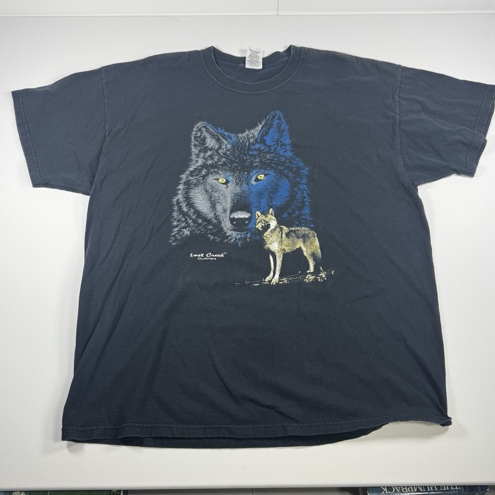 Vintage Lost Creek Wolf‎ T Shirt Mens 2XL Jerzees Blue Graphic Animal USA Tee